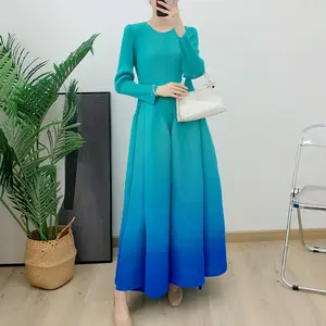 New High Quality Fashion Miyake Pleated Dress Gradient Color Bud Hem Long Sleeve Gown Casual Dress