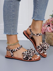 Summer Women Leopard Print Flat Sandals Sweet Big <b>Bow</b> Design Elastic Ankle Strap Casual Beach Sandals - Product Image 4