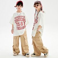 Costume de danse hip-hop pour enfants, pantalon cargo multi-poches kaki, t-shirt blanc surdimensionné, ensemble de vêtements pour spectacle sur scène pour enfants