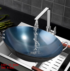 Wok in Ghisa Pretrattata 30-42cm con Manico in Legno Staccabile, Fondo Piatto Rotondo, Compatibile con Fornelli a <span class=keywords><strong>Gas</strong></span> e a Induzione per Casa e Ristorante - Product Image 6