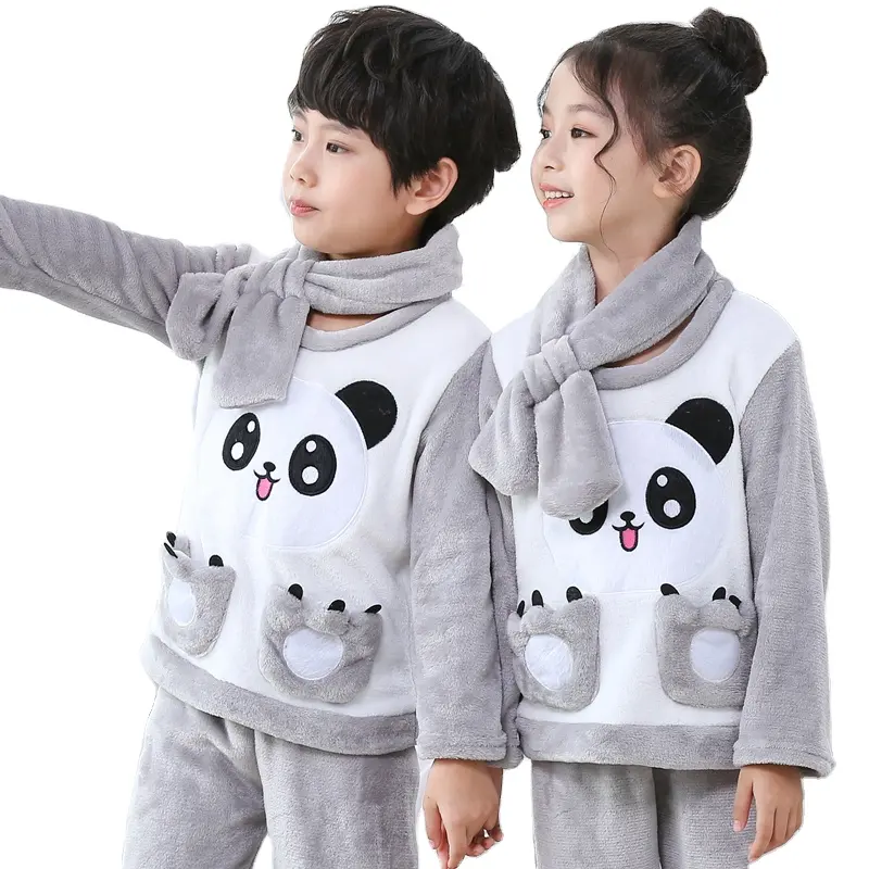 Children Cute Flannel Girl/Boy Pajama Suit Winter Kid's Sleepwear Set Home Cartoon O-neck Long Sleeve Pyjamas Warm