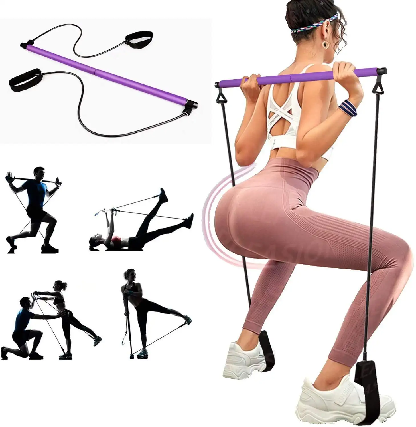 Home Gym Elastic Bands Adjustable Bodybuilding Yoga Pilates Bar Kit/ Rubber Band pilates bar kit with long resistance bands