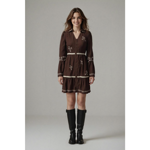 Robe boutonnée vintage marron pour femmes, broderie florale, robe longue à manches longues pour l'automne - Product Image 4