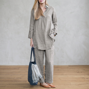 Ensemble élégant rétro pour femme en lin, cardigan à manches longues à col en V de couleur unie, pantalon ample et respirant à jambes larges - Product Image 3