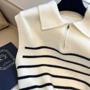 Suéter sin mangas y chaleco de punto a rayas con cremallera y cuello retro para mujer, estilo casual minimalista, para uso diario. - Product Image 6