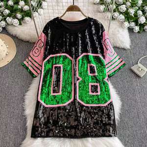 T-<span class=keywords><strong>shirt</strong></span> oversize ample streetwear hip hop # T-<span class=keywords><strong>shirt</strong></span> de <span class=keywords><strong>baseball</strong></span> Harajuku d'été pour femmes, couleur unie, paillettes brillantes, manches courtes - Product Image 4