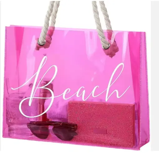 Sacola de compras em PVC transparente com alça de algodão grossa, sacola de praia à prova d'água de alta qualidade personalizada rosa