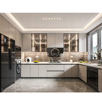 Ensemble d'armoires de cuisine modulaires personnalisées, armoires modernes en MDF laqué PVC avec comptoir en marbre, prêtes à assembler, service de dessin rapide