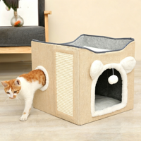 Lit pour chat pliable universel toutes saisons avec griffoir, forme rectangulaire, matériaux PP et éponge, design amovible et lavable