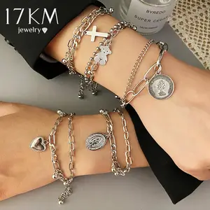 Braccialetto a catena multistrato Punk braccialetti a catena con ciondoli a forma di moneta con croce a cuore in argento per uomo e donna