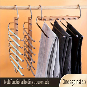 Porte-pantalon en bois massif et acier inoxydable, organisateur de vêtements pliable multi-niveaux, design minimaliste avec crochets - Product Image 2
