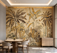 Papier peint mural vintage tropical avec palmiers et oiseaux pour salon, hall d'hôtel et salon de thé