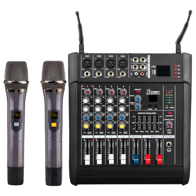 Professional Stage DJ Controller Audio Console Mixer 16DSP Digital Effects 4 Channel Power Mixer with 2 Wireless Microphones