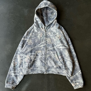 Sweat-shirt pour <span class=keywords><strong>homme</strong></span> à capuche surdimensionné avec fermeture éclair, imprimé intégral avec un logo personnalisable, motif de branche d'arbre, effet délavé - Product Image 3