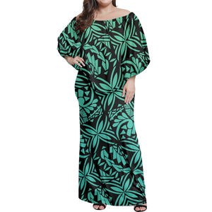 Vestido de manga corta de verano para damas <span class=keywords><strong>Tonga</strong></span> <span class=keywords><strong>Tattoo</strong></span> Print Mujeres Batwing Sleeve Maxi Dress Tapa Design Off Shoulder Ruffle Dress - Product Image 5
