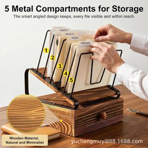 Wooden Desktop <b>File</b> Organizer Slanted Rack With <b>Drawer</b> For Office Home Use Multipurpose Storage Vertical Filing System - Product Image 3