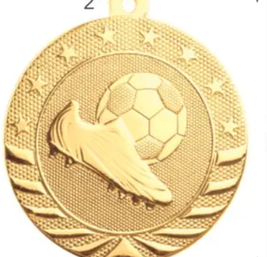 Médailles de football modernes en <span class=keywords><strong>bronze</strong></span> plaqué or 2''/1 <span class=keywords><strong>3</strong></span>/4''/2 1/4'' gravées, sérigraphiées, avec rubans 3D rouge, blanc, bleu - Product Image 1