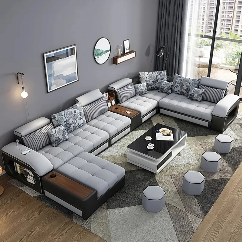 Modernes Design wasserdichter Stoff hölzern klassisch blau Boden Hotel 7 Sitze geteiltes Sofa-Set Möbel Couch Wohnzimmer Sofas