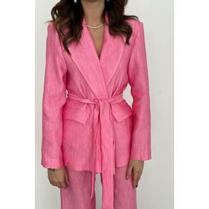 Conjunto de Chaqueta y Pantalones Rosa con Cinturón, Diseño Brillante Formal/Casual con Decoración de Botones, Venta al Por Mayor - Product Image 2