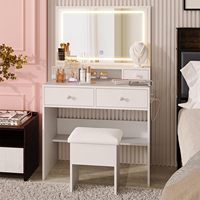 Miroir LED avec prise de courant, ensemble de coiffeuse avec tabouret de rangement et 4 tiroirs blancs, pour chambre et salle de bain