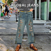 Celana Jeans Wanita Bordir Motif Bunga, Pinggang Sedang, Model Lurus, Bahan Denim Rajut, Dapat Dicuci, Custom Grosir dengan Logo