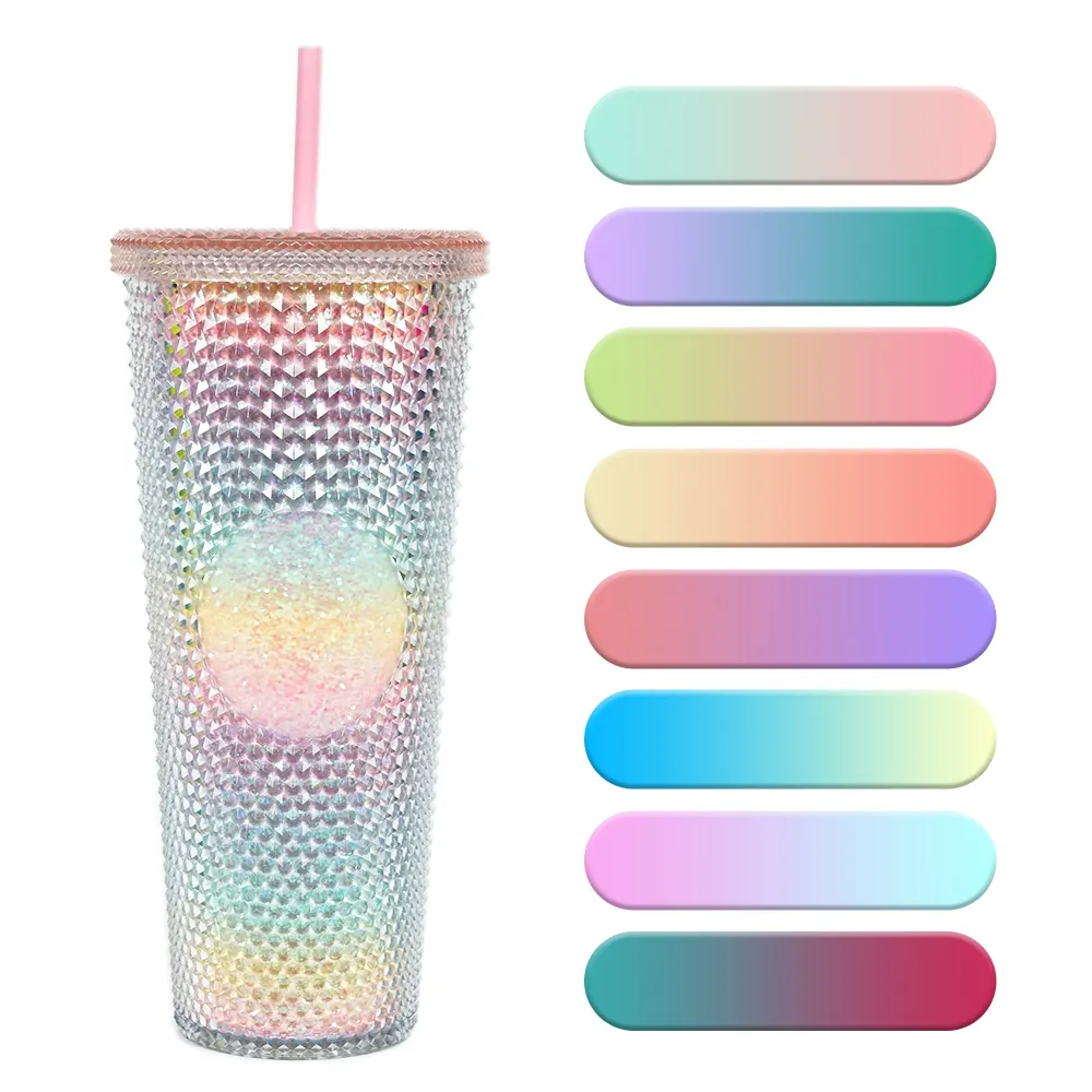 Natal parede dupla plástico 710ml bling studded tumbler 24oz caneca portátil fosco acrílico rosa Tumblers com palha e tampa