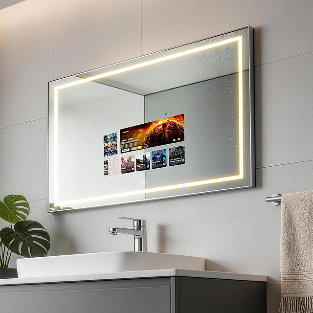 MIRROH.AI Modern Waterproof Smart Bathroom Mirror TV Touch Screen Android WiFi Built-in Bluetooth Speaker Salon & Hotel Use