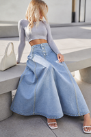 Jupe longue en jean coupe trapèze pour femme, bleu clair, style vintage délavé, boutonnée sur le devant, plissée, grande jupe évasée, streetwear Y2K