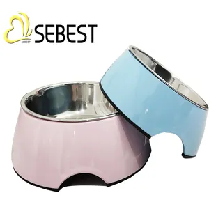 SEBEST Melamine Factory 2021 New Developed Pink And Blue Melamine Dog Bowl With Stainless Steel Inner Pet Water Bowl Pet Plate