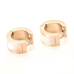 Rose Gold Huggie Earrings 7mm Shell Inlaid Geometric Design For Women Party Jewelry Stainless Steel <b>Post</b> - Product Image 5