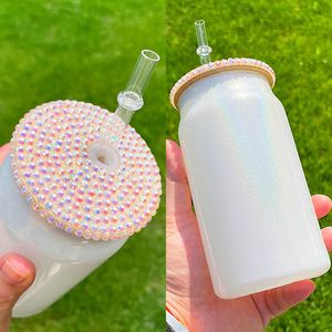 Bouteille en verre blanc scintillant de 15 oz et 16 oz avec couvercle orné de strass pour impression par transfert thermique par sublimation, logo personnalisé - Product Image 4