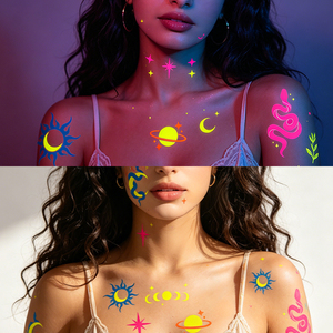 Autocollants corporels phosphorescents, série Boho <span class=keywords><strong>Soleil</strong></span> <span class=keywords><strong>Lune</strong></span> Serpent Œil Maléfique, tatouages temporaires lumineux pour adultes - Product Image 6