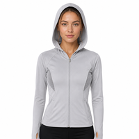 Veste de yoga pour femme UPF50+ coupe ajustée, protection solaire, à capuche, fermeture éclair intégrale, poignets avec trous pour les pouces, empiècements en mesh