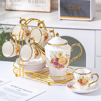 Services à thé en céramique florale européenne pour la maison, tasses à café dorées, assiettes à goûter pour le thé de l'après-midi, théière, coffret cadeau - En stock