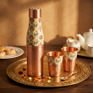 Bouteille en cuivre martelée à moitié et peinte à la main Meenakari, ensemble de bouteilles en cuivre Meenakari, ensemble de bouteilles en cuivre martelé, ensemble de bouteilles en cuivre de 900 ml - Product Image 1