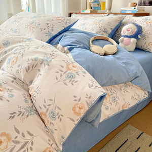 100% Jet-Spun Cotton Blue Orange Rose Floral Bedding Set 4Pcs, Reversible Light Blue Solid <strong>Duvet</strong> Cover Set - Product Image 1