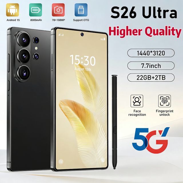 7.7 Inch S26 Ultra 22GB+2TB Smooth Gaming Performance Unclocked Factory Direct Smart Phone 5G Android 15 For Gamers & Bulk Order