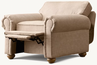 Fauteuil inclinable en tissu de lin style ferme traditionnel, avec accoudoirs roulés et pieds en bois tournés, pour salon