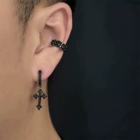 Boucles d'oreilles unisexes en acier inoxydable avec croix en zircon noir vintage, style hip-hop streetwear, vente en gros