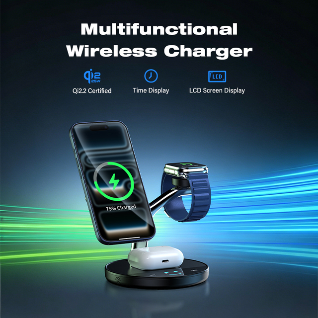 Wireless Foldable 3-in-1 Magnetic Charger 10W & 25W Fast Charging Stand with Type-C Port for Mobile Accessories