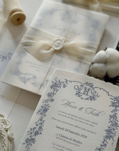 <span class=keywords><strong>Faire</strong></span>-<span class=keywords><strong>part</strong></span> de <span class=keywords><strong>mariage</strong></span> texturé naturel fait à la main en coton avec cadre floral bleu usty - Product Image 1