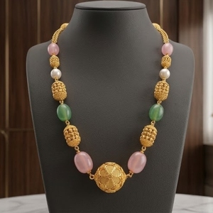 Antique 925 Silver <b>Necklace</b> with Pink and Green Beads Long Chain Mala <b>Statement</b> Jewelry for Women Wedding and Party Wear - Product Image 3