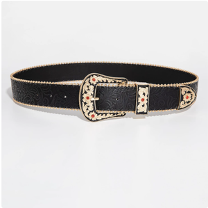 <span class=keywords><strong>Ceinture</strong></span> noire formelle de style occidental avec motifs gaufrés, <span class=keywords><strong>boucle</strong></span> ardillon en alliage doré, pierres rouges incrustées, clous décoratifs, look rétro SaiJe - Product Image 1