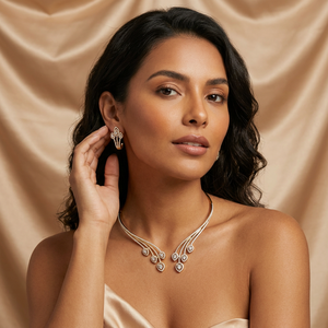 Rhodium Plated Brass Cubic Zirconia Choker Necklace Earring <b>Set</b> Elegant Pear Drop CZ Bridal Wedding Engagement <b>Gift</b> for <b>Women</b> - Product Image 2