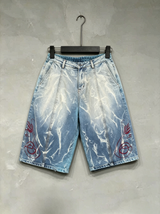 Pantalones Cortos Bermuda de Mezclilla Rectos para Hombre, Estilo Retro, con Textura Mármol Completa, Bordado Cursivo Personalizado y Cierre de Botón Metálico - Product Image 2