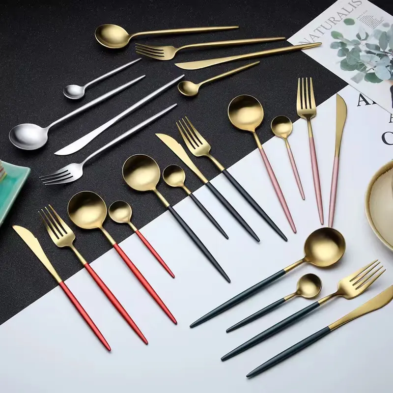 Knife Fork Spoon Rose Gold Wedding Cutlery Set Wholesale Bulk 24pcs Flatware Set Golden Stainless Steel Cutlery