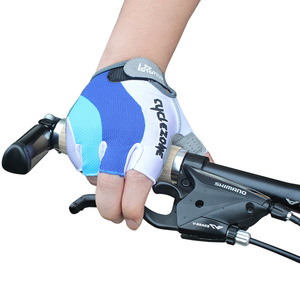 Gants de cyclisme Cyclozone demi-doigts bleus et blancs en polyester et coton avec fermeture auto-agrippante, équipement d'été unisexe pour le cyclisme - Product Image 1