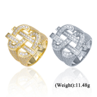 Nouvelle bague en cuivre plaqué or avec zircon, style hip-hop, signe dollar, tendance pour hommes et femmes, disponible en gros
