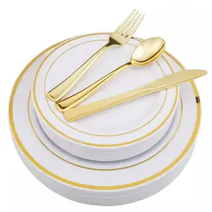 Hoge Kwaliteit 10.25 Inch Wit Plastic Party Lader Plaat Met Gouden Rand En Bestek Servies Sets