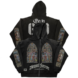 Blessed Forever Gothic Zip-Up <b>Hoodie</b> Men's Oversized Cotton Printed Design Stained Glass Art Back Logo Autumn Style Men Hoodies - Product Image 4